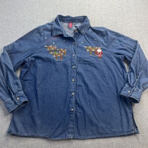 Merry Christmas Santa Reindeer Embroidered Denim Chambray Shirt 2XL  Button Up